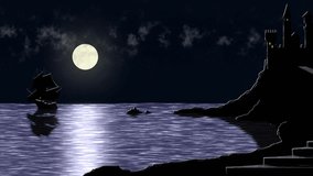 Sailing vessel near fortress ashore in the night sea against the full moon - Powered by Shutterstock - Get 15% off with code: PIKWIZARD15