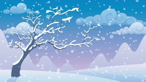 Winter Landscape: Cartoon winter landscape with falling snowflakes.
