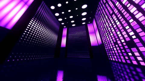 Lightness strikes again Music box virtual fluorescent ultraviolet light, glowing neon lines inside endless tunnel, blue pink spectrum, modern colorful abstract seamless background, looped animation 3d