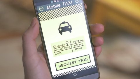 Hail a taxi cab with a smartphone app. E-hailing is a process of ordering a car, taxi, limousine, or any other form of transportation pick up via virtual devices: computer or mobile device.