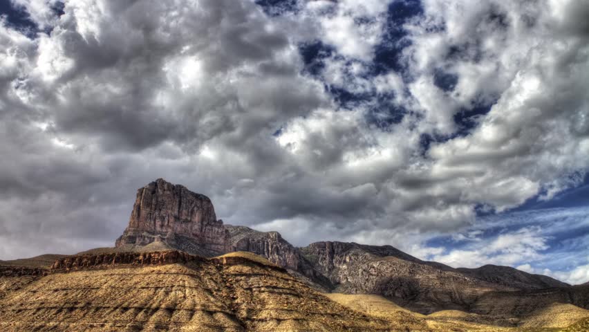 Texas, Guadalupe Mountains National Park, El Capitan with blue sky and clouds time lapse.