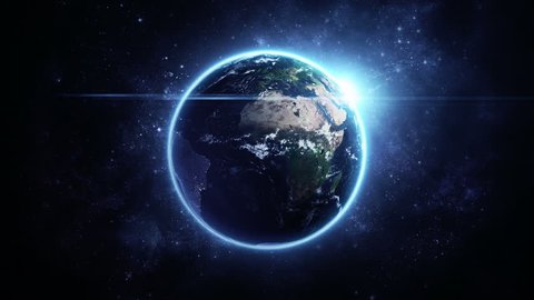 Animation rotation of glowing globe of earth with view from space and flare of light. Technologic background with lines of data transfering or routes of rockets. Animation of seamless loop.