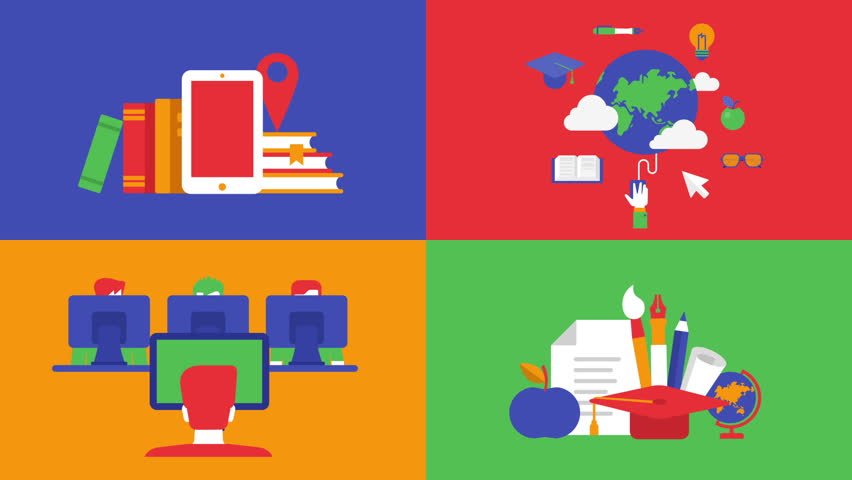 Education and e-learning in out animated flat design icons set. 