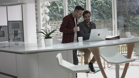 Same sex couple watching laptop and drinking coffee in kitchen