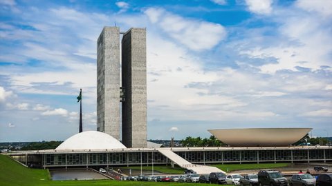 Brasilia, Brazil - Circa November, 2015: Timelapse view of Congresso Nacional (National Congress) buildings in Brasilia, capital of Brazil. Zoom in.
