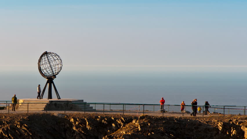 monument at the North Cape, the crowds of tourists on the northern tip of