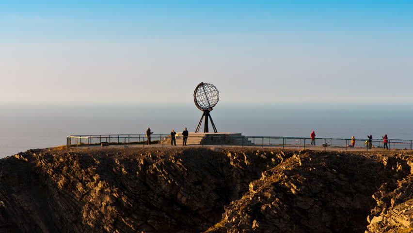 monument at the North Cape, the crowds of tourists on the northern tip of