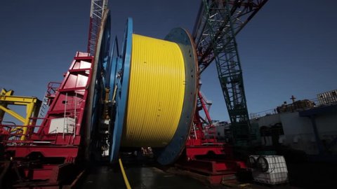 Cable laying vessel for deep-sea fiber optic cable along the bottom of the Sea of Okhotsk.