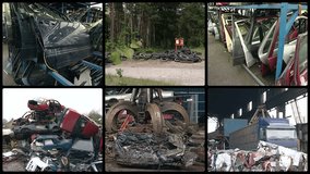 Parts of used car bodies and special equipment handle in metal scrap. Crane loading pressed metal. Junk industry. Montage of video clips collage. Split screen. Black round corner frame. Full HD 1080p
