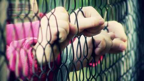 Children hands holding metal fence. Shallow DOF.
