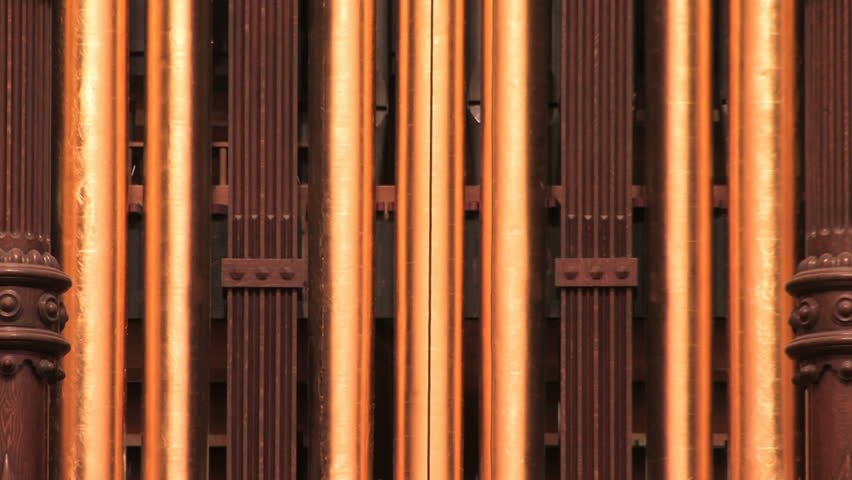 Old historic Tabernacle and pipe organ on Temple Square in Salt Lake City Utah. Church of Jesus Christ of Latter-Day Saints, Mormon. Zoom out from organ pipes. 
