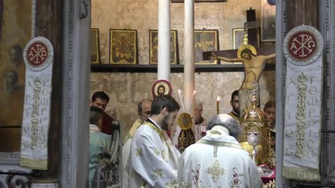 LOD, ISRAEL - NOVEMBER 16, 2015: Celebration and Mass of St. George the Dragon Slayer Day in the Greek Orthodox Church, its burial place, with the Greek Orthodox Patriarch, and local Arab Christians.
