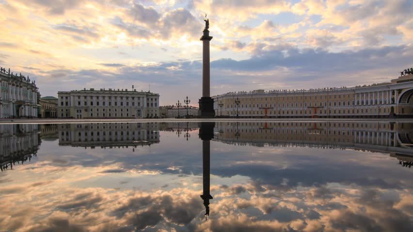 Saint Petersburg - July 2014: Morning reflection of Palace Square in Saint Petersburg