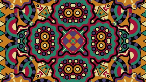 Tribal etnik ornament kaleidoscope moving motion graphics footage for music videos, VJ, show, fashion, broadcast, TV, folk films, mix, historical, documentation, game design, slide show background.