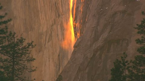 A natural firefall occurs in the valley of Yosemite National Park