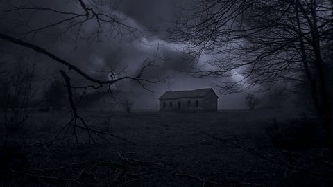 Abandoned horror house in the middle of deep dark spooky forest