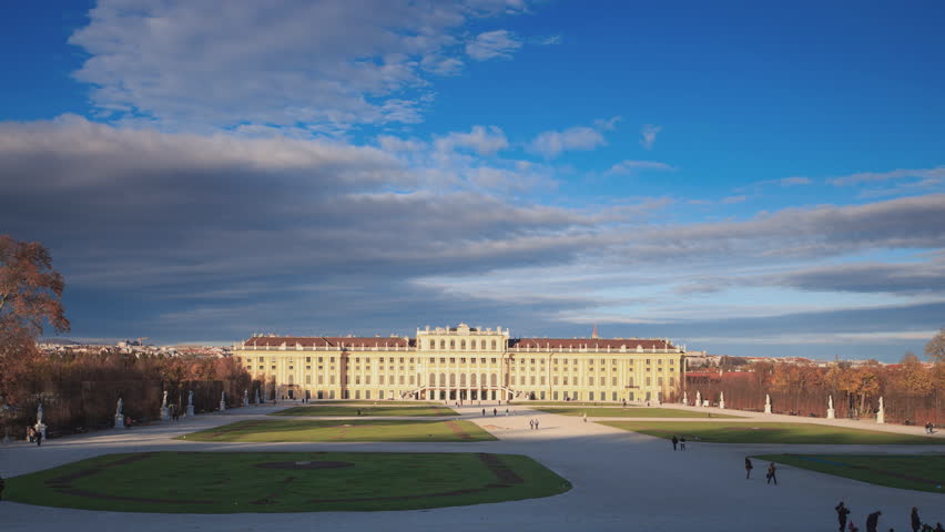 Schonbrunn Palace (Schloss Schonbrunn), Vienna (Wien), Austria. This Baroque palace is one of the most important architectural, cultural and historical monuments in Austria. (4K Timelapse)