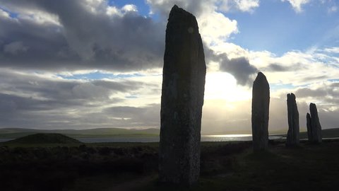 ORKNEY ISLANDS, SCOTLAND - CIRCA 2015 - Time lapse shot of clouds moving over sacred Celtic stones on the Islands of Orkney in Northern Scotland.
