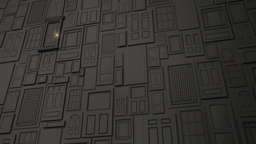 Computer generated animation of a single door, amongst an abstract wall of