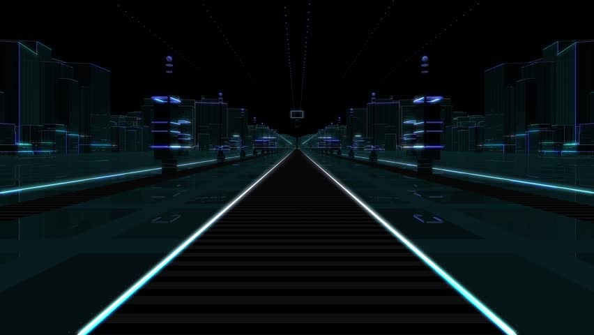 Computer generated animation of a futuristic city with a green screen transition