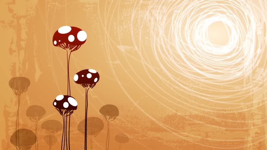 Computer generated animation of mushrooms against a sunny sky. High definition