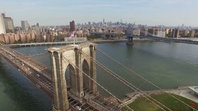 Aerial shot of Brooklyn Bridge, New York City. The camera is moving above Brooklyn bridge in the air approaching to Chinatown and upper Manhattan. 4K, Ultra HD video, DJI Phantom 3 pro.