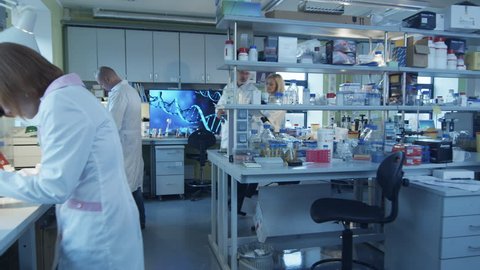 Senior and female scientists with papers are walking and having a conversation in a laboratory.  Shot on RED Cinema Camera in 4K (UHD).
