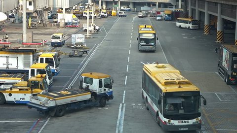 Airport luggage vehicle, bus and truck parking area in airpot.