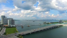Aerial 4K video at Museum Park Downtown Miami and cruise terminals. 