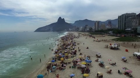 Aerial View of Crowd of People Ipanema Beach, Rio de Janeiro, Brazil