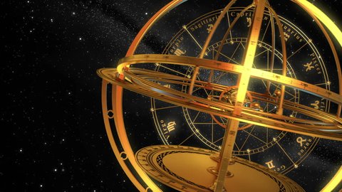 Armillary Sphere And Zodiac Signs. Black Background. 3D Animation.
