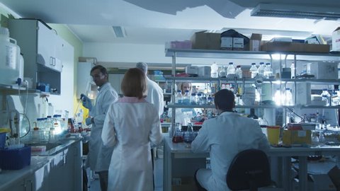 Team of caucasian scientists in white coats are working in a modern laboratory. Shot on RED Cinema Camera in 4K (UHD). Stockvideo