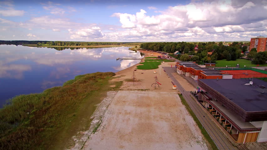 Lake Tamula on the city of Voru Estonia. There is a building fronting the lake