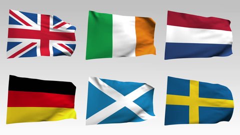 animated European flags collection with alpha channel, England, Ireland, Netherlands, Germany, Scotland, Sweden
