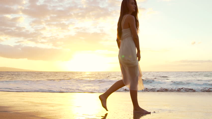 Beautiful Girl Walking Barefoot on Wet Sand Tropical Island Beach Sun Lens Flare Slow Motion Royalty-Free Stock Footage #13121840