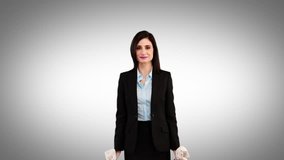 Composite video of happy businesswoman holding money bags