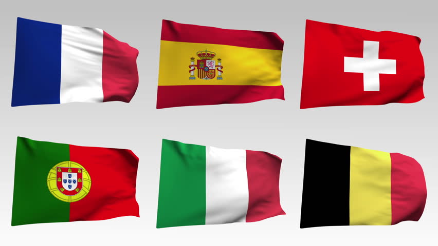 「アルファチャンネルを持つヨーロッパの国旗のアニメコレクション（フランス、スペイン、スイス、ポルトガル、イタリア、ベルギー）」の動画素材