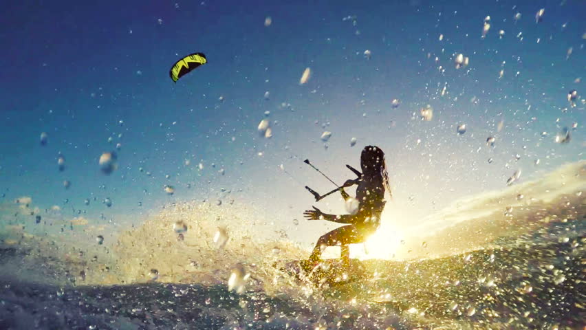 Beautiful Girl Kite Surfing in Bikini. Extreme Kite Boarding in Slow Motion. Summer Fun Action Sports.