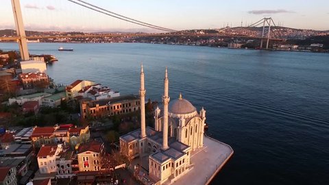 Aerial view of Ortakoy Mosque and Bosphorus Bridge