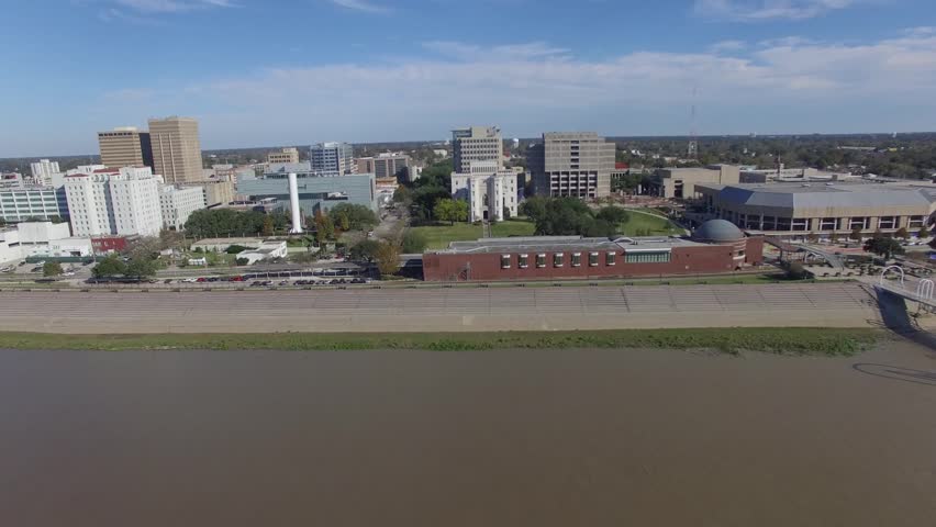 Aerial pan shot of Baton Rogue along the Mississippi River