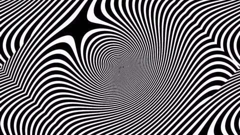 In the style of optical visual illusions - Op art. Background black and white video 3D. Hypnotic movement strips.