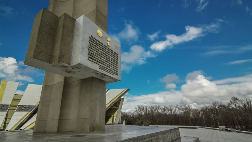 Close-up timelapse of the obelisk «Minsk is the Hero-city» with Belarusian State Museum of the Great Patriotic War History. Belarus. April 2015.