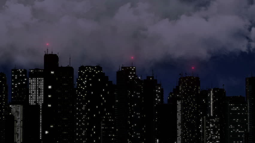 Severe storm breaks over megalopolis skyscrapers, heavy rain and thunder sounds. Aircraft warning lights glowing through thunderstorm clouds, lightning bolts strike the top of the tallest buildings