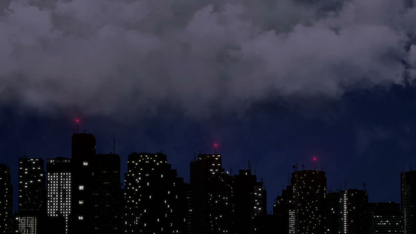 Lightning strikes above skyscrapers, dramatic thunder clashes during rainstorm. Severe weather warning issued for megalopolis, thunderstorm and heavy rain break over the city with roaring sound