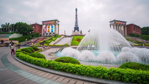 Shenzhen Eiffel Tower Timelapse. 4k Fountain Day