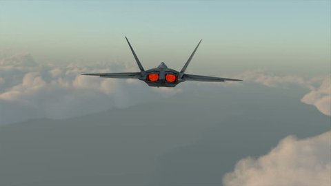 Military plane fighter jet F-22 raptor drops bombs from a high altitude. realistic 3d cg animation