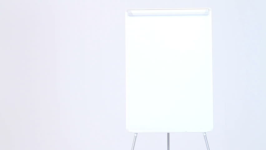 Cute business woman walks in and showing something at blank flipchart