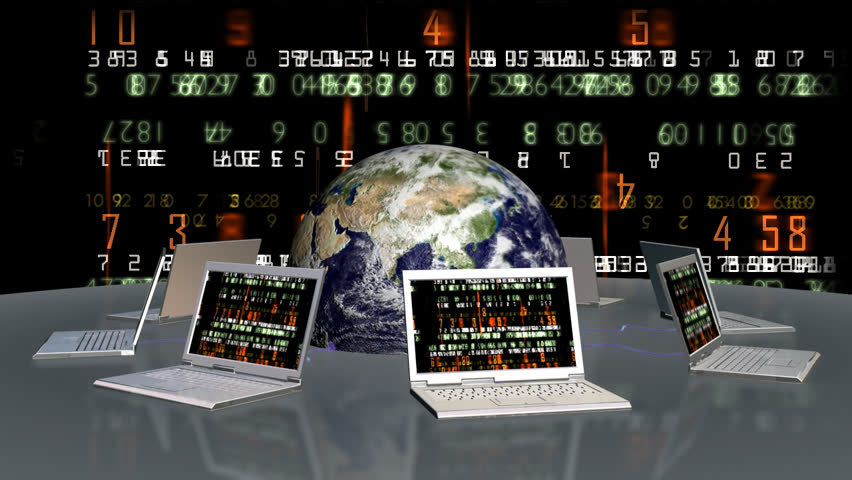 Earth and laptops with random numbers on screen,seamless loop