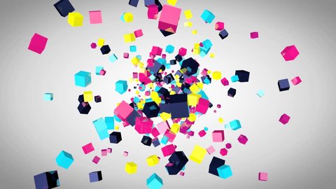 Abstract video animation with colored 3d cubes, flying particles, screen saver with cube design, party design, flying cubes, cubes explosion, rendered animation