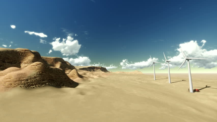 Dry desert with time lapse clouds and windmills